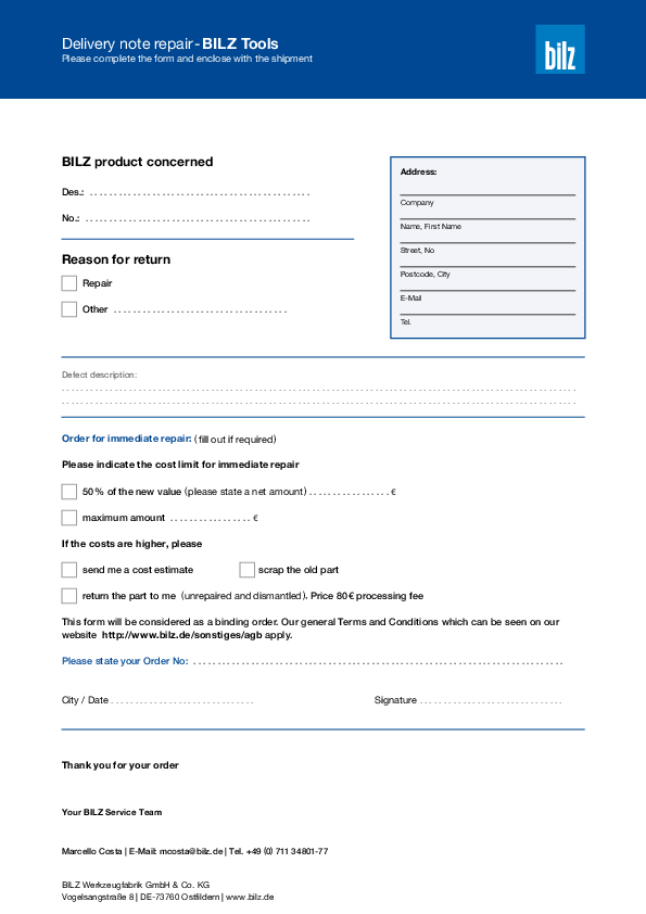 Repair/Complaint form – Tools