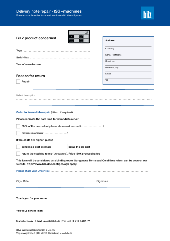 Repair/Complaint form – ISG Shrink Machines